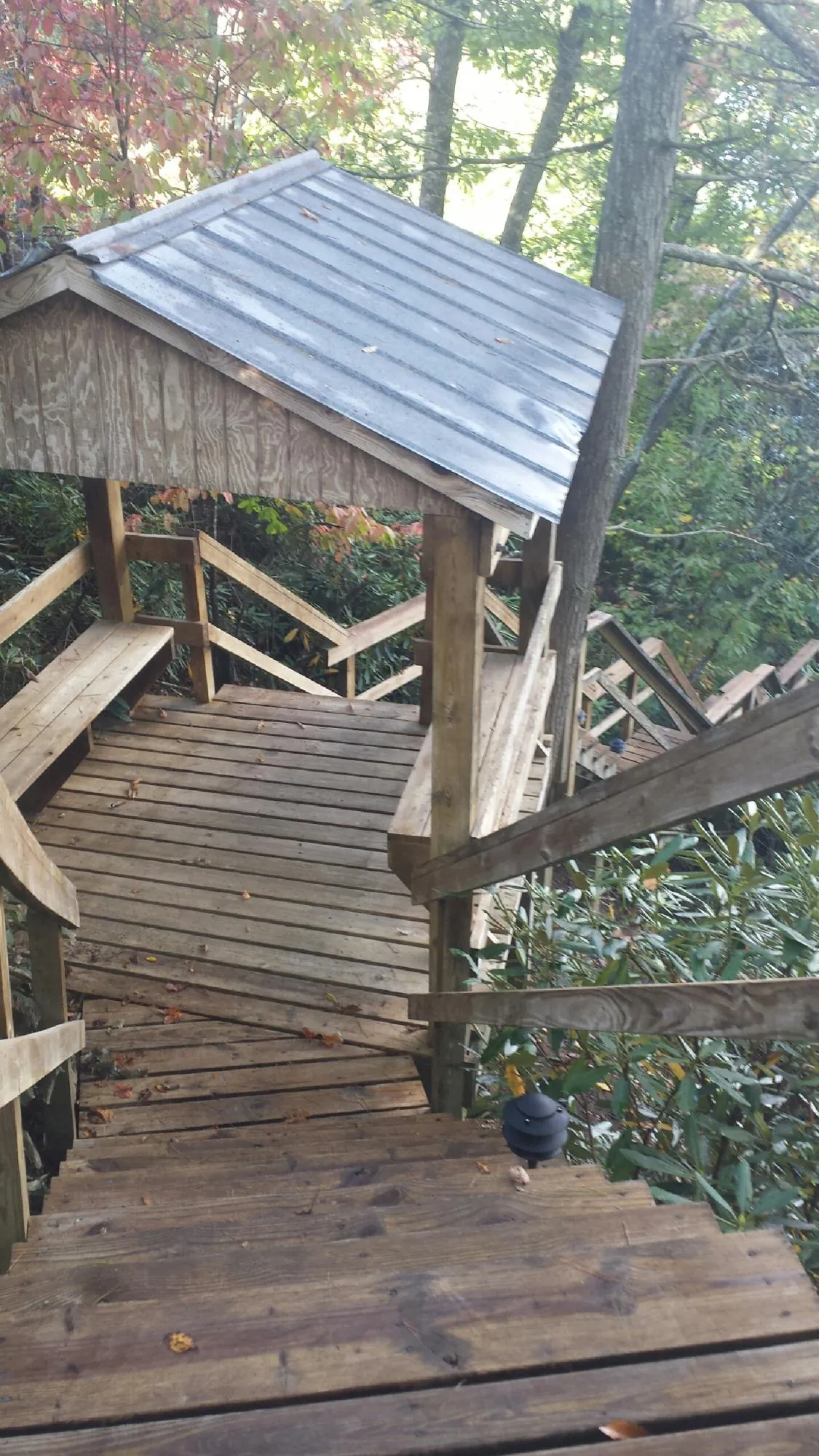 Metal roofed shelter over wooden steps on a wooded walkway — Skylight Repair & Installation work by our crew in Hollandale